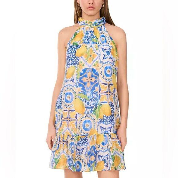 1. State Halter Neck Tiered Ruffle Dress Sleeveless Yellow Lemon Print Blue L - Picture 1 of 13
